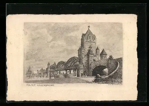 Künstler-AK Mainz, Partie an der Kaiserbrücke