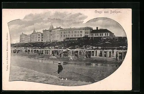 AK Borkum, Ortsansicht mit Hotel am Strand