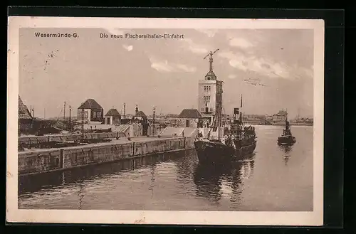 AK Wesermünde, neue Fischereihafen-Einfahrt mit Dampfern
