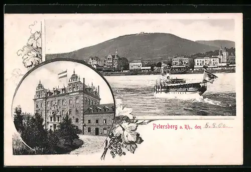 AK Königswinter a. Rhein, Hotel auf dem Petersberg, Uferpartie mit Dampfer