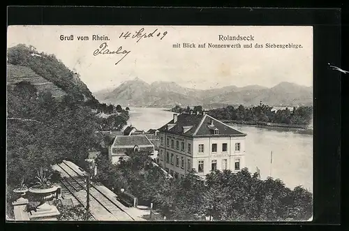 AK Rolandseck, Blick auf Nonnenwerth und Siebengebirge, Hotel