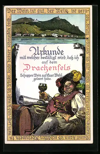 AK Rüdesheim, Urkunde mit welcher bestätigt wird das ein Schoppen Wein geleert wurde