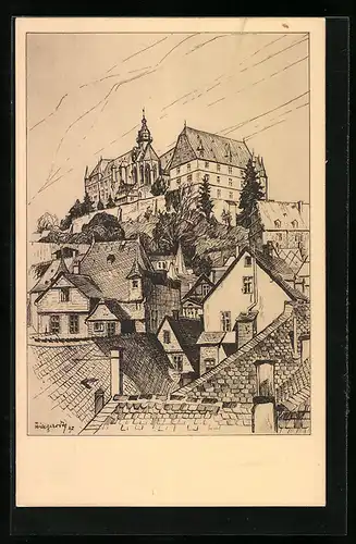 Künstler-AK Marburg, Blick nach dem Schloss