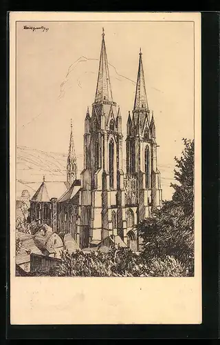 Künstler-AK Marburg, An der St. Elisabeth-Kirche