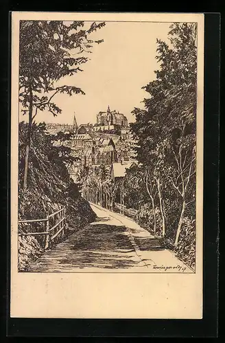 Künstler-AK Marburg, Ortsansicht vom Kaffweg aus