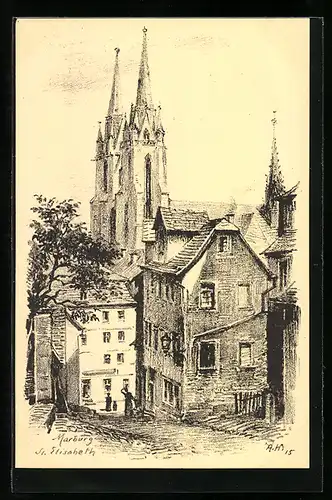 Künstler-AK Marburg, Blick auf St. Elisabeth