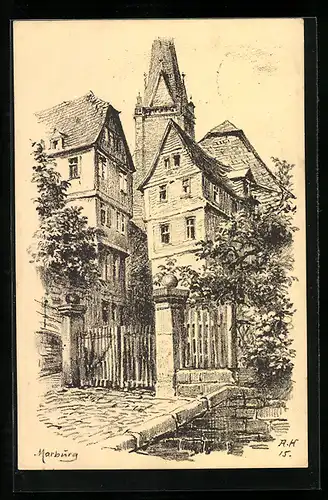 Künstler-AK Marburg, In der Kugelgasse, Steinzeichnung von Prof. A. Hartmann