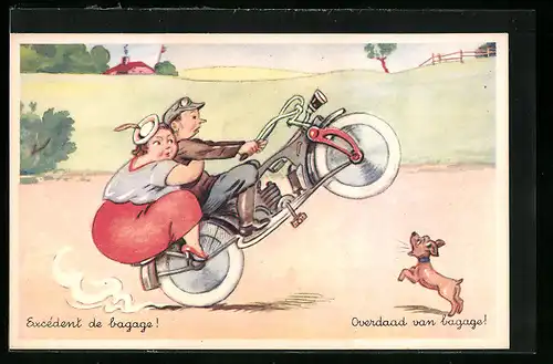 Künstler-AK Excédent de bagagae!, Overdaad van bagage!, Motorrad