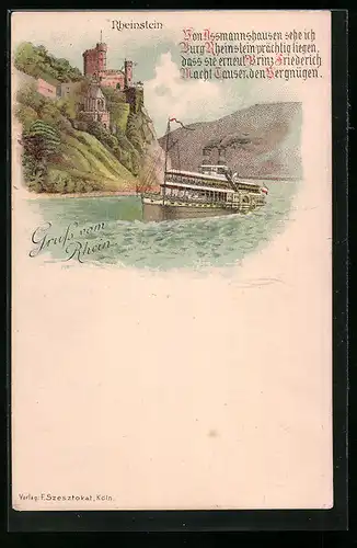 Lithographie Rheinstein mit Dampfer