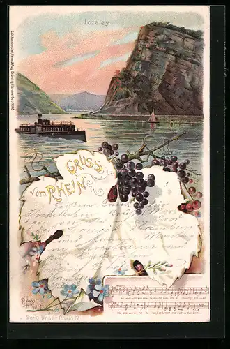 Lithographie Gruss vom Rhein, Loreley mit Lied