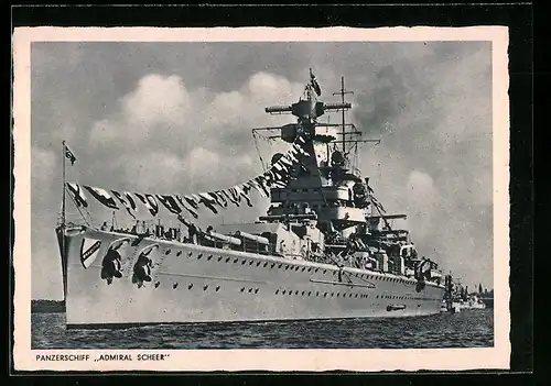 AK Panzerschiff Admiral Scheer der Kriegsmarine in Flaggengala, Bugansicht