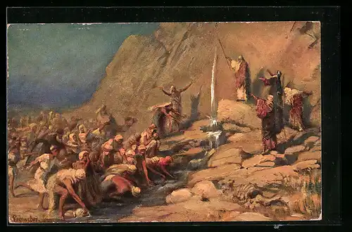 AK Moses schlägt Wasser aus dem Felsen, Bibel