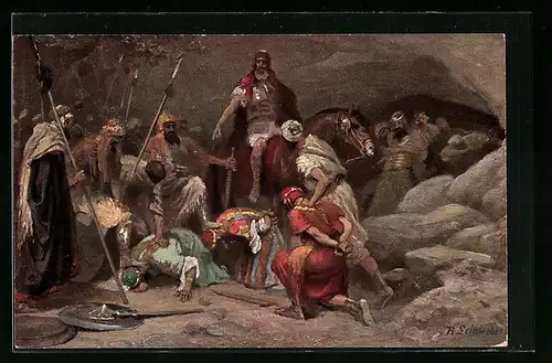 Künstler-AK Bilder aus dem Alten Testament, Josua fängt 5 Könige in der Höhle zu Makkeda