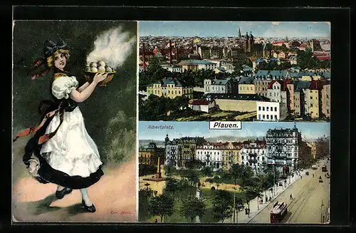 AK Plauen, Albertplatz mit Strassenbahn, Frau in Tracht und Schüssel mit heissen Speisen, Panorama
