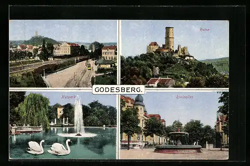 AK Godesberg, Ruine, Rheinallee, Kurpark