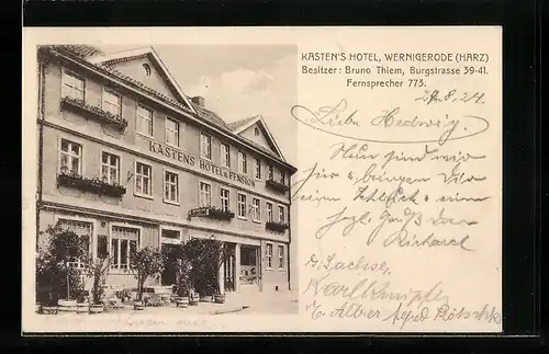 AK Wernigerode / Harz, Kasten`s Hotel, Burgstrasse 39 - 41