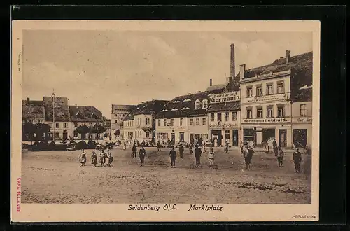 AK Seidenberg / O. L., Restaurant Germania, Geschäft von Hermann Gebhold, Marktplatz