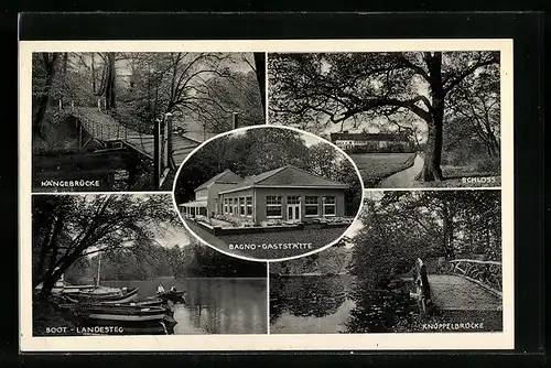 AK Burgsteinfurt i. W., Bagno-Gaststätte, Hängebrücke, Boot-Landesteg, Schloss