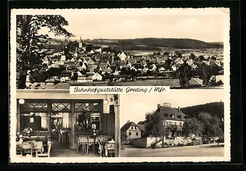 AK Greding, Bahnhof mit Bahnhofsgaststätte, Aussen- u. Innenansicht, Ortspanorama