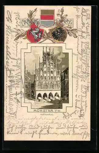 Passepartout-Lithographie Münster i. W., Rathhaus mit Strasse, Wappen