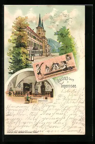 Lithographie Tegernsee, Bräustübl, Strassenpartie