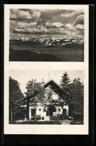 AK Simmerberg, Gasthaus Oberberg mit Gebirgspanorama