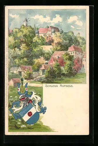 Künstler-AK Aufsess, Ortsansicht mit Schloss, Wappen