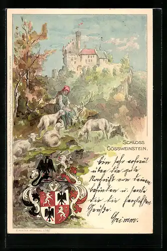 Lithographie Gössweinstein, Schloss mit Wappen