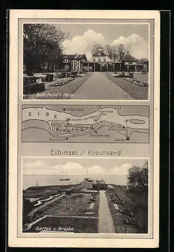 AK Drochtersen, Buhrfeind`s Hotel, Garten und Brücke, Landkarte von Krautsand mit Glückstadt, Landungsbrücke und Elbe