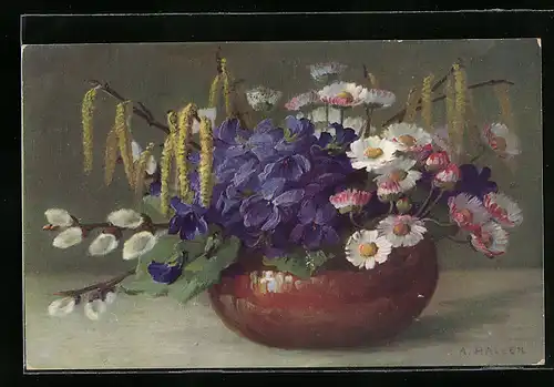 Künstler-AK Anna Haller: Sommerblumen in einem Topf