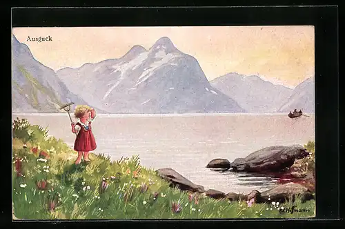 Künstler-AK Ad. Hoffmann: Mädchen erblickt ein Boot auf dem See