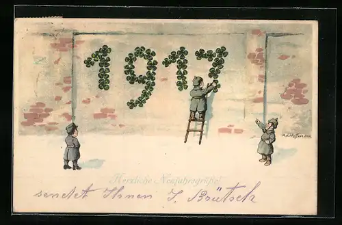Künstler-AK Ad. Hoffmann: Soldaten gestalten einen Blumenschriftzug 1917