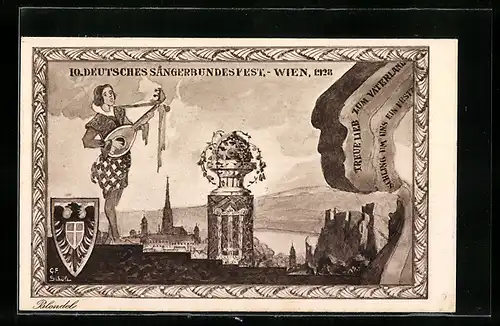 AK Wien, 10. Deutsches Sängerbundesfest 1928, Sänger mit Gitarre, Stadtansicht, Wappen und Flagge