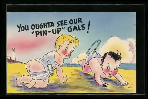 AK Zwei Kleinkinder in Windeln am Strand, Scherz