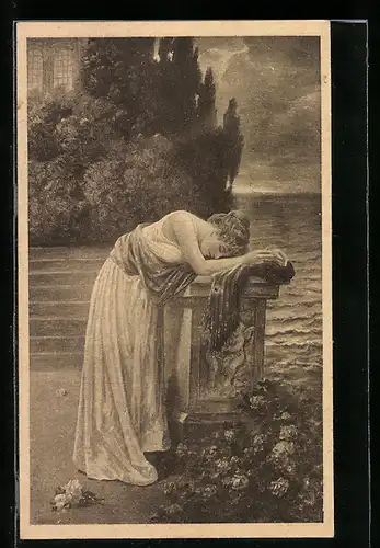 Künstler-AK Fr. Rösler: Liebeskummer, Frau trauert ihrer grossen Liebe hinterher