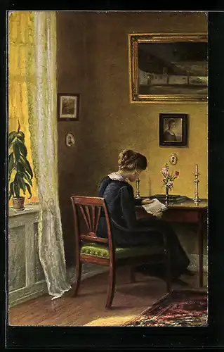 Künstler-AK sign. H. Hilsoe: Frau liest im sonnigen Winkel, Dänische Kunst