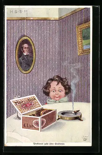 Künstler-AK H.S.B.: Probieren geht über Studieren, Grosse Kulleraugen auf Keksdose gerichtet