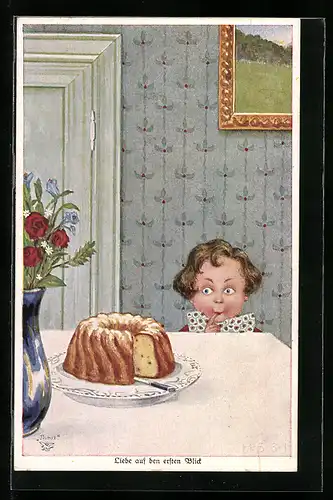 Künstler-AK H.S.B.: Liebe auf dem ersten Blick, Verführerischer Kuchen lockt