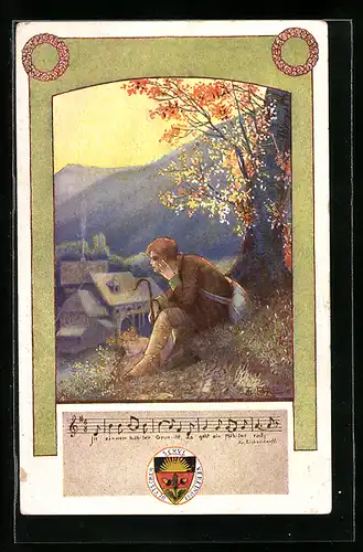 Künstler-AK T. Welzl: Deutscher Schulverein Nr. 99, Wanderer am Ortsrand, Text- und Notenzeile