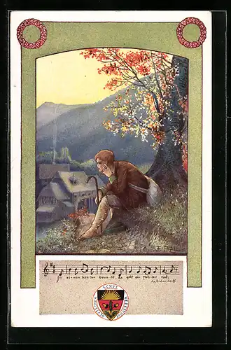 Künstler-AK T. Welzl: Deutscher Schulverein Nr. 99, Wanderer am Ortsrand, Text- und Notenzeile