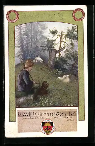 Künstler-AK T. Welzl: Deutscher Schulverein Nr. 98, Schäfer mit Hund und Herde am Waldrand
