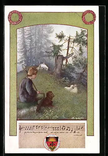 Künstler-AK T. Welzl: Deutscher Schulverein Nr. 98, Schäfer mit Hund und Herde am Waldrand