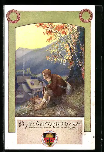 Künstler-AK T. Welzl: Deutscher Schulverein Nr. 99, Wanderer am Ortsrand, Text- und Notenzeile