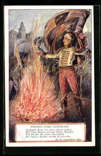 Künstler-AK Soldaten nach siegreichem Gefecht um ein Feuer lagernd, Spruch G.H. Schneideck: Freiheit, Ehre, Vaterland