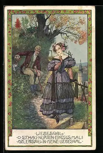 Künstler-AK unsign. T. Welzl: Liebesqual, Mann betrachtet wehmütig seine Angebetete