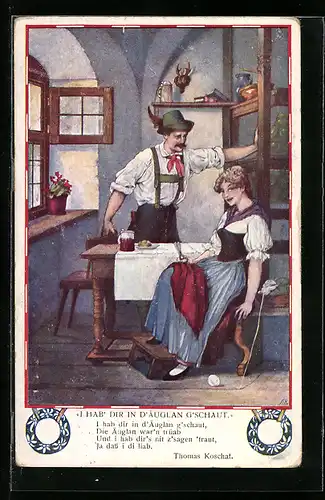 Künstler-AK unsign. T. Welzl: I hab dir in d`Äuglan g`schaut, Paar in Tracht am Tisch