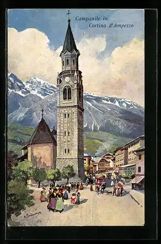 Künstler-AK Hans Treiber: Cortina d?Ampezzo, Campanile