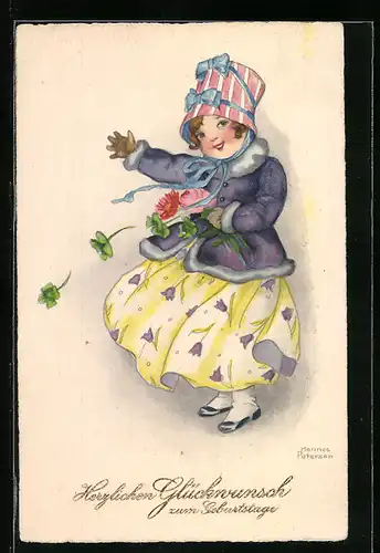 Künstler-AK Hannes Petersen: Mädchen mit Blume und Glücksklee