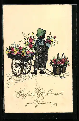 Künstler-AK Hannes Petersen: Junger Mann mit Blumenkarren, Geburtstagsgruss