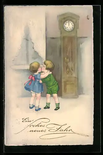 Künstler-AK Hannes Petersen: Mädchen und Junge geben sich zu Neujahr einen Kuss